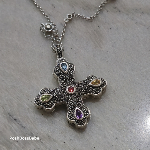 Sterling Silver Marcasite Multi-Gemstone Cross Pendant Necklace – 30" Chain - Picture 3 of 15